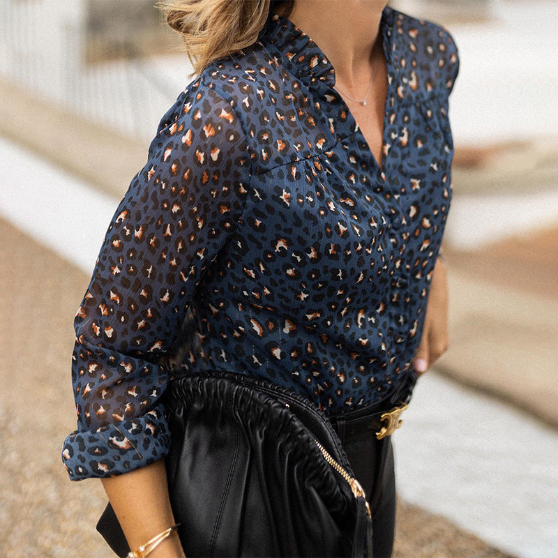 Damen Bluse mit modischem Leopardenmuster und exklusivem Rüschenkragen WW