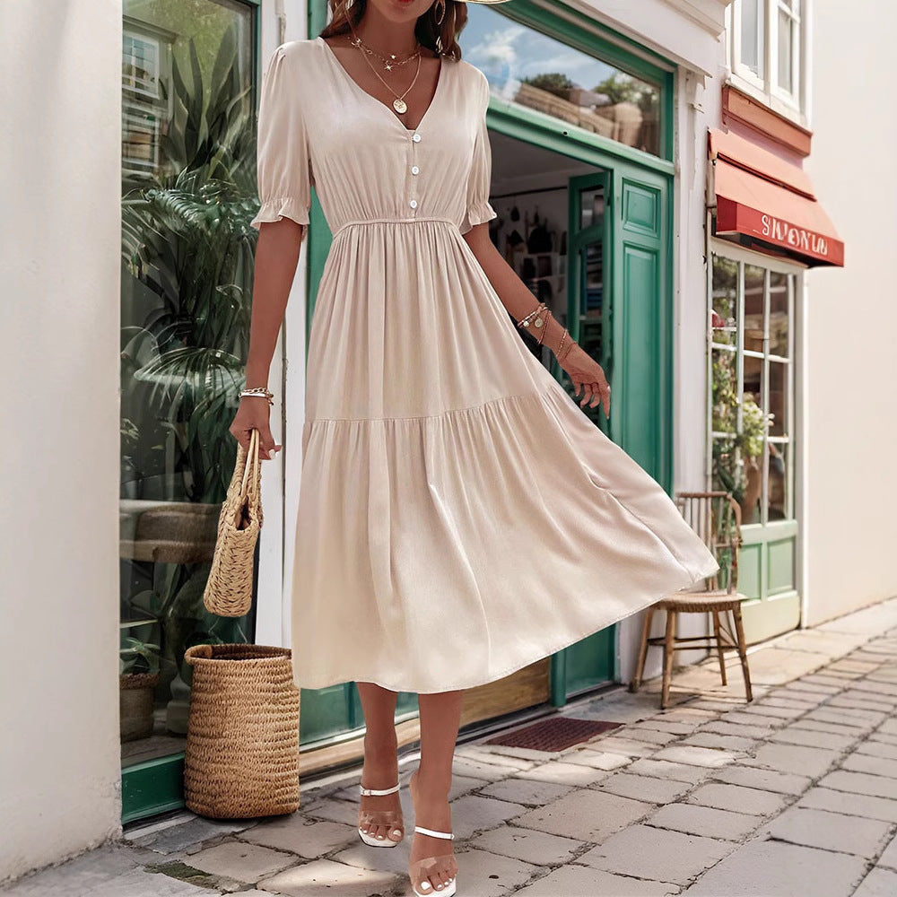 Damen Midi-Kleid mit knöpfbarem V-Ausschnitt und luftigen Puffärmeln W&W Mode