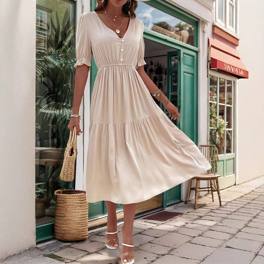 Damen Midi-Kleid mit knöpfbarem V-Ausschnitt und luftigen Puffärmeln WW