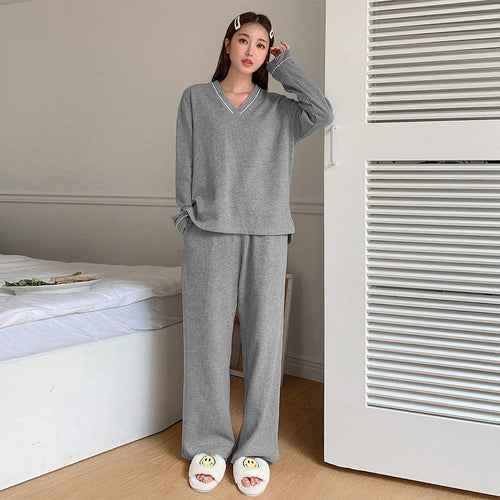 Damen Bequemes Lounge-Set aus weichem Material mit V-Ausschnitt und elastischen Bündchen W&W