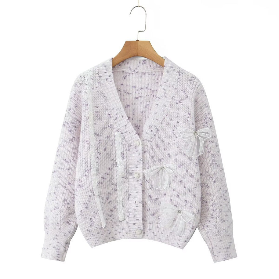 Damen Strickjacke mit dekorativen Schleifen und zartem Muster WW