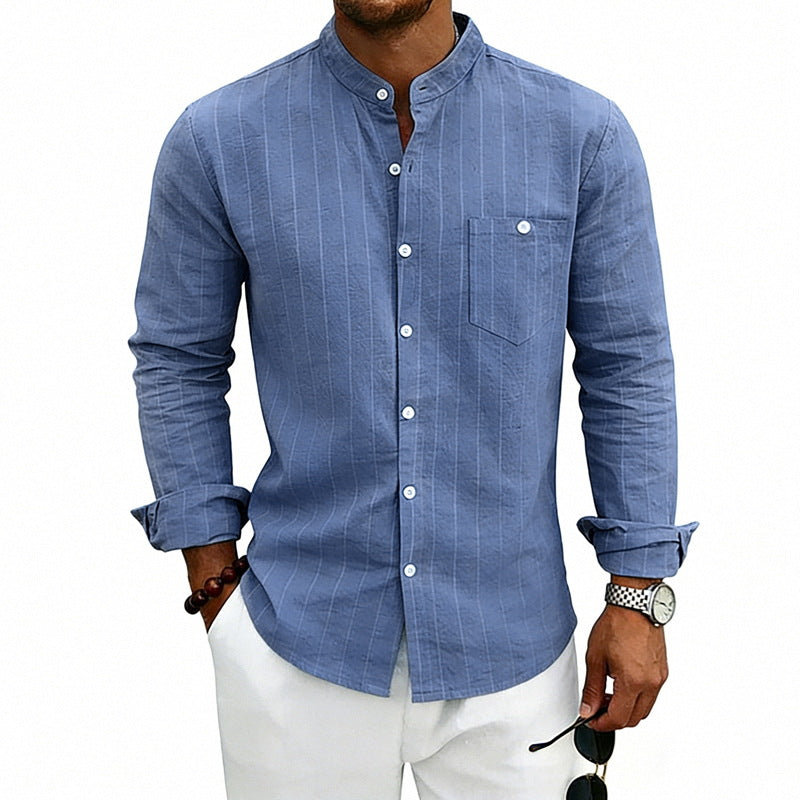 Herren nan atmungsaktives Nadelstreifen-Langarmhemd mit Stehkragen, Brusttasche und abgerundetem Saum W&W Mode