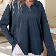 Damen lässiger Oversized Pullover mit halben Reißverschluss und Seitentaschen WW