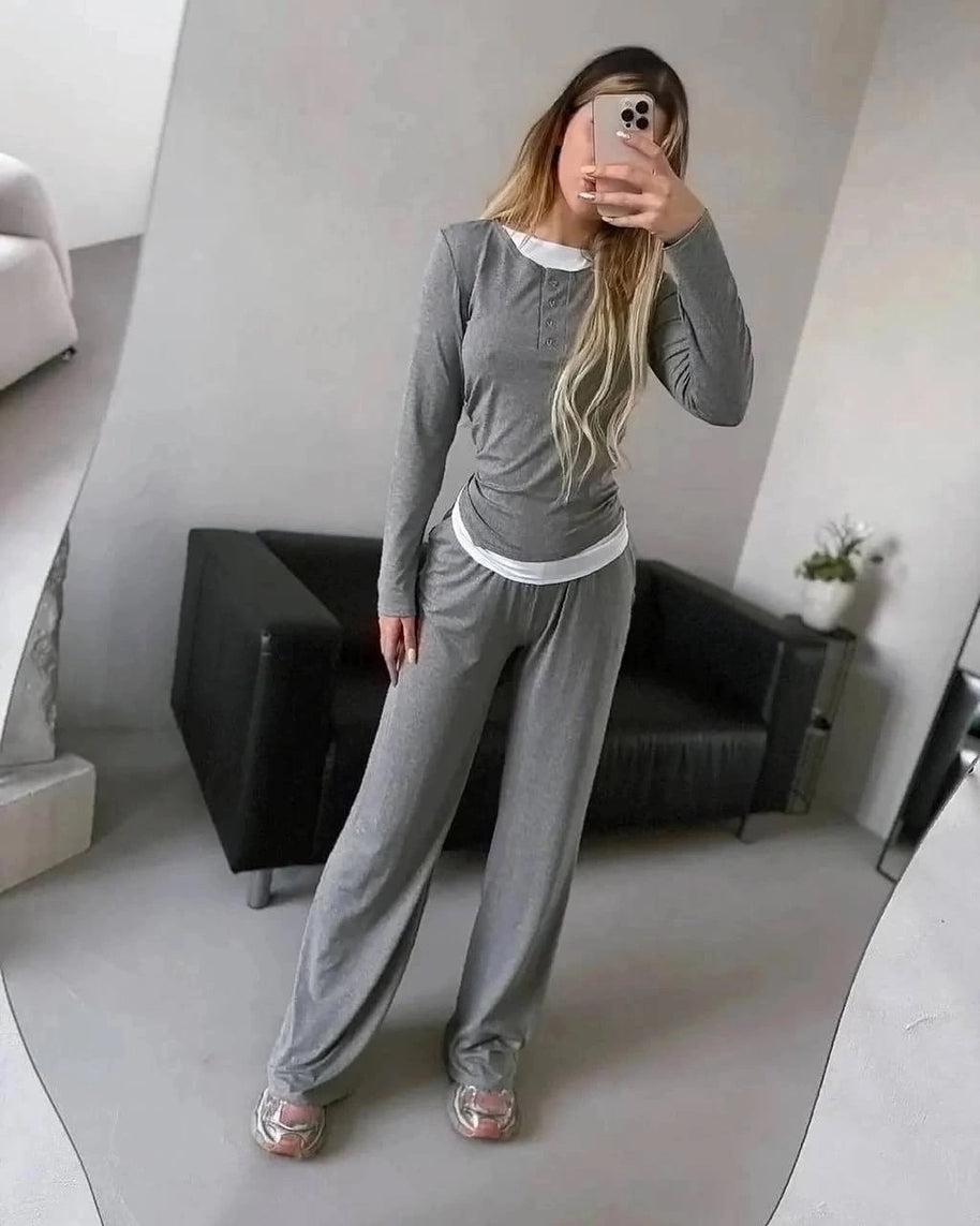 Damen bequeme Lounge-Hose und langärmliges Oberteil-Set WW