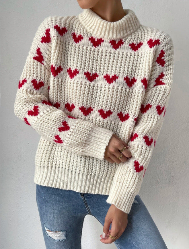 W&W Mode Halb Hochkragen Locker Passform Liebesherz Jacquard Strickpullover