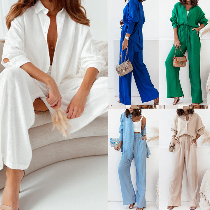 Damen Lässiger Zweiteiler mit langärmeliger Bluse und weitem Hosenstil W&W Mode