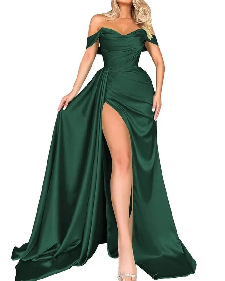 Damen Off-Shoulder Abendkleid mit hohem Beinschlitz und voluminösem Rock W&W Mode