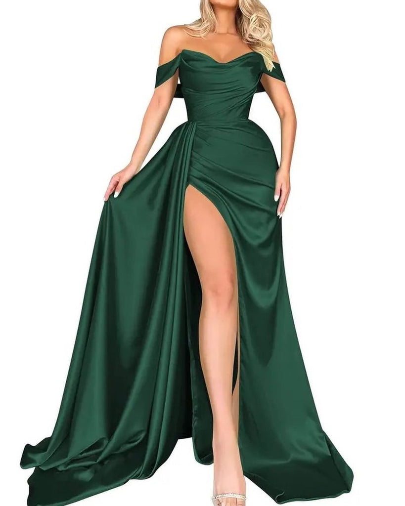 Damen Off-Shoulder Abendkleid mit hohem Beinschlitz und voluminösem Rock WW