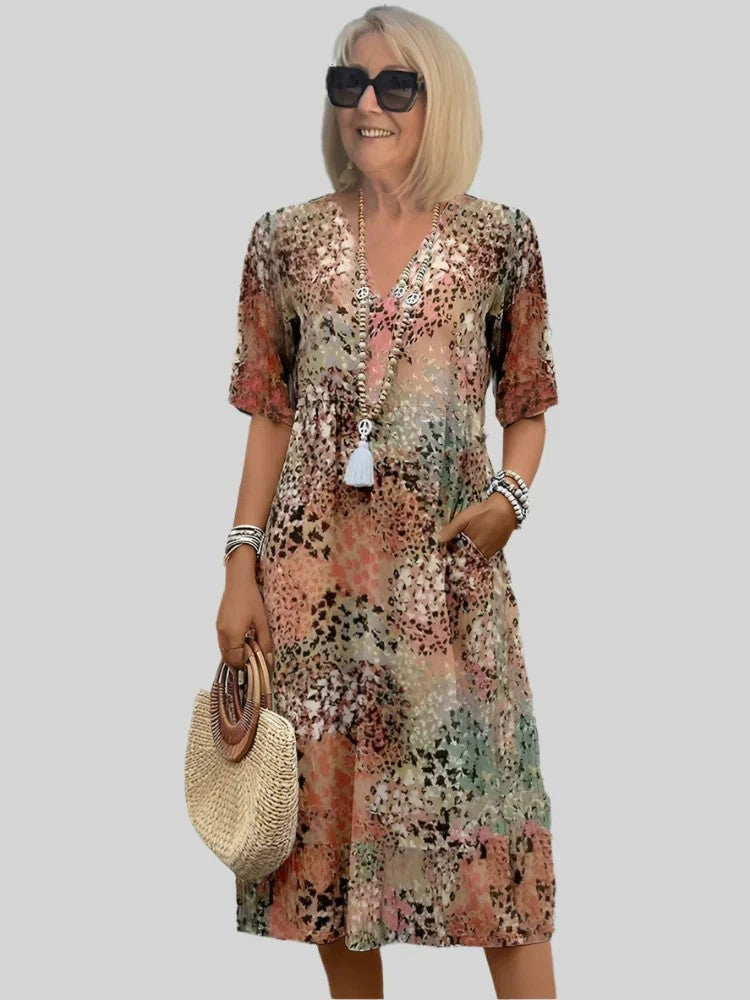 Damen lockeres Sommerkleid mit V-Ausschnitt und Taschen