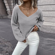 Damen Strickpullover mit V-Ausschnitt und weitem Ärmel WW