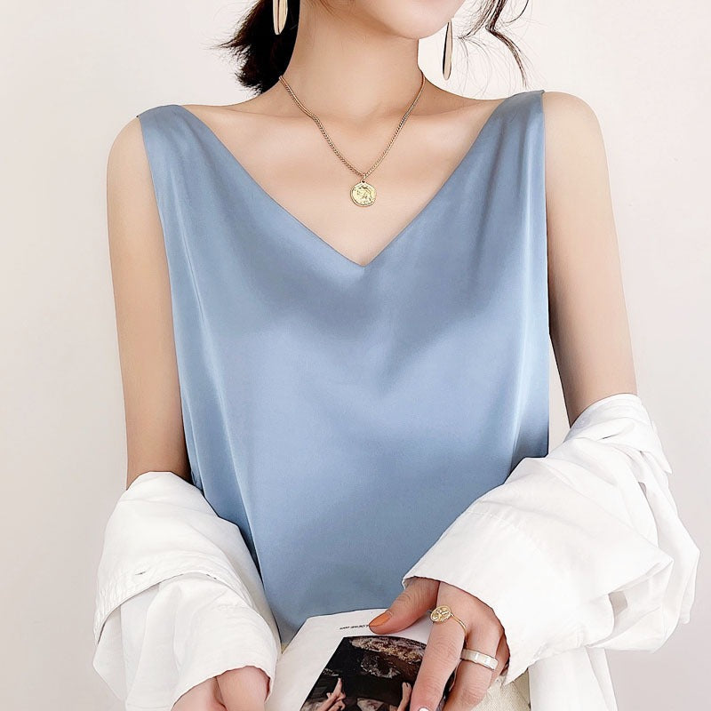 Damen V-Ausschnitt Satinbluse W&W Mode