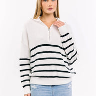 Damen sportlicher Strickpullover mit halbem Reißverschluss und Streifenmuster WW