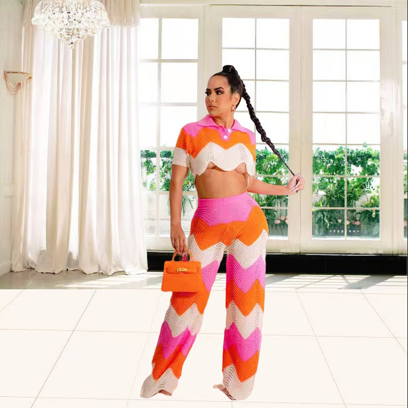 Damen Set aus gehäkeltem Crop-Top und weitem Palazzo-Hosen WW