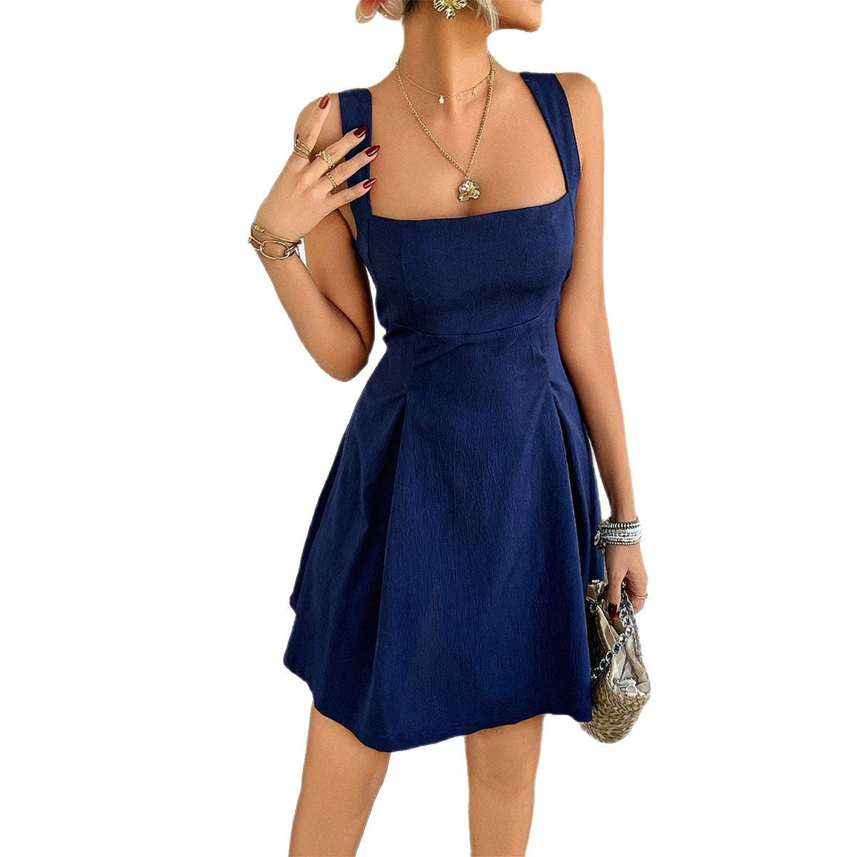 Damen A-Linien Kleid mit quadratischem Ausschnitt und weitem Rock WW