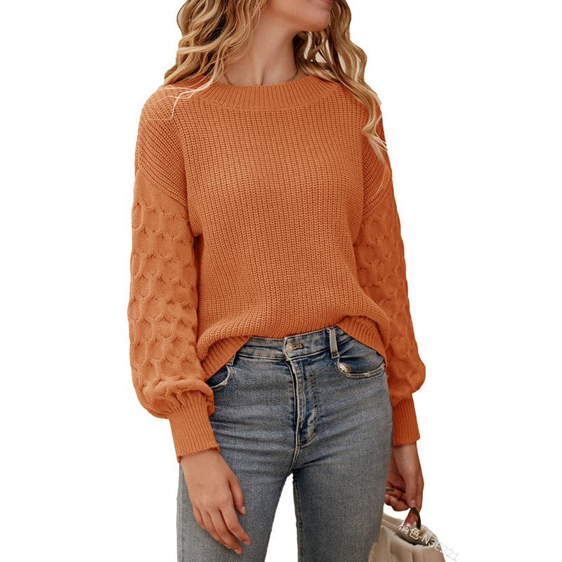 Damen Strickpullover mit strukturierten Puffärmeln und Rundhalsausschnitt WW