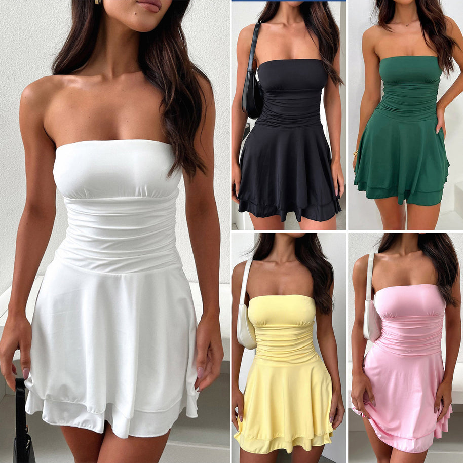 Damen ärmelloses Mini-Kleid mit gerafftem Oberteil und fließendem Saum WW