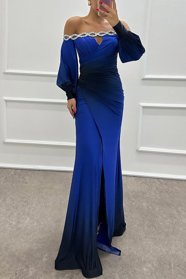 Damen Off-Shoulder Abendkleid mit drapierter Taille und funkelnden Applikationen WW