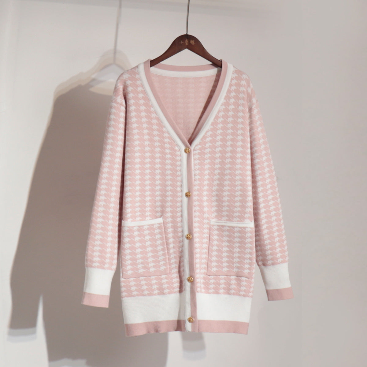 Damen Strickcardigan mit klassischem Hahnentritt-Muster und Knopfleiste WW