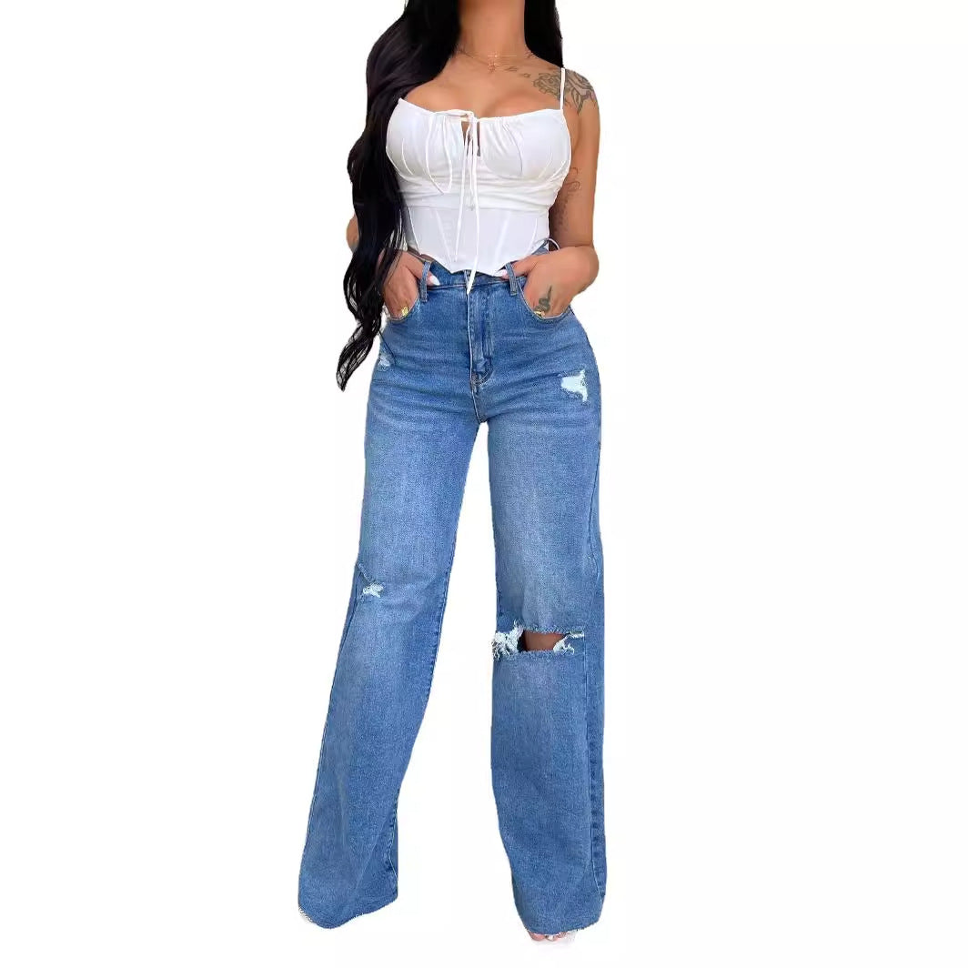 Damen weite High-Waist Jeans mit destroyed Effekten WW