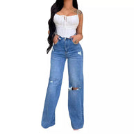 Damen weite High-Waist Jeans mit destroyed Effekten WW