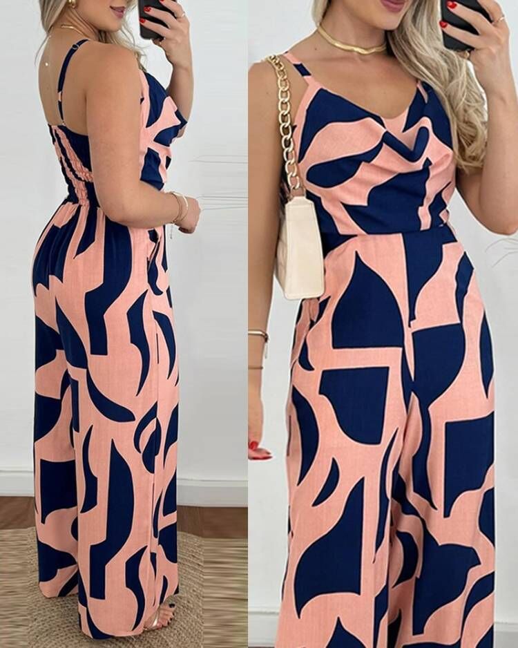 Damen Eleganter Jumpsuit mit fließendem Stoff und modischem Blumenmuster WW