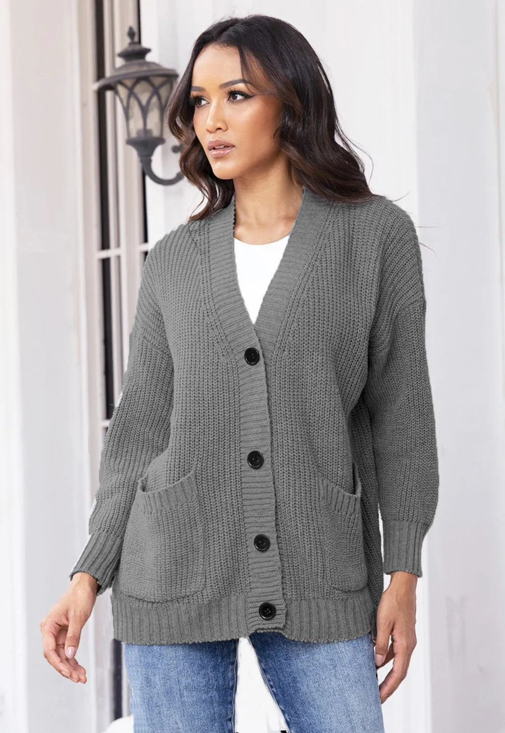 Damen Strickjacke mit großen Taschen und klassischem Knopfverschluss WW