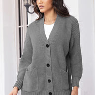 Damen Strickjacke mit großen Taschen und klassischem Knopfverschluss WW