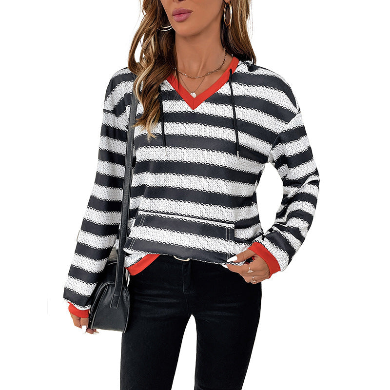 Damen Kapuzenpullover mit modernem Streifen-Muster und praktischem Kängurutasche W&W Mode