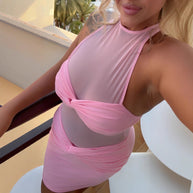 Damen Sexy Minikleid mit transparenten Einsätzen und elegantem Wickeldetail WW