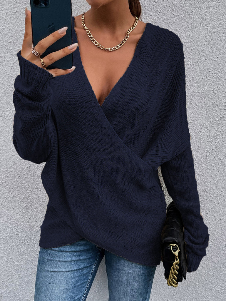 Damen Wickel-Pullover aus feinem Strick mit tiefem V-Ausschnitt und weiten Ärmeln WW