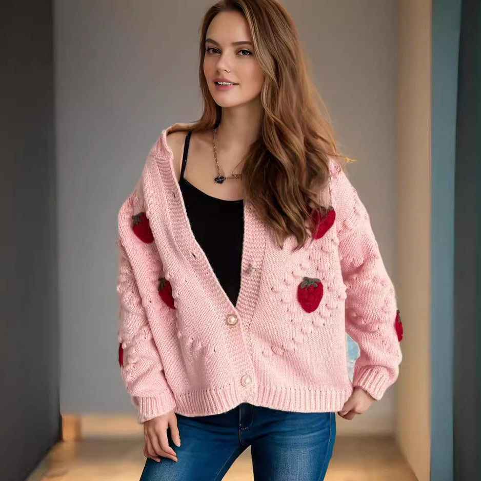 Damen Strickjacke mit verspieltem Erdbeermotiv und Knopfdetails WW