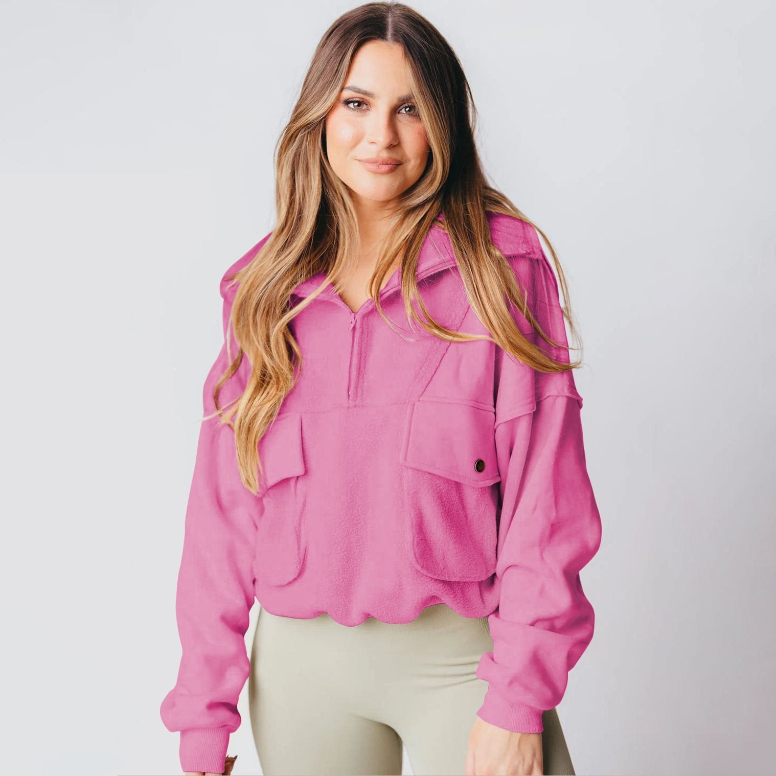 Damen Sportlicher Fleece-Pullover mit Reißverschluss und Tasche WW