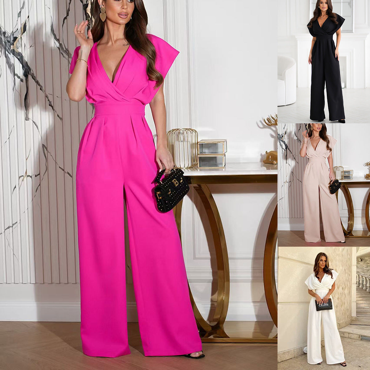 Damen Jumpsuit mit elegantem V-Ausschnitt und weitem Bein WW
