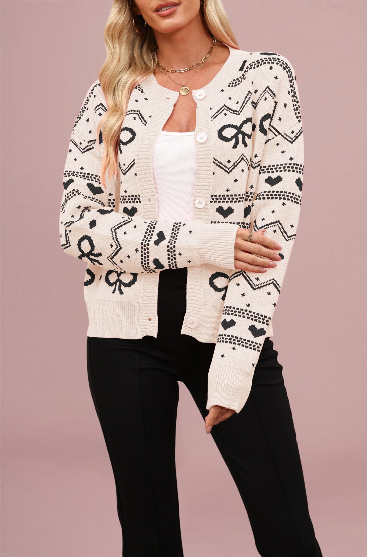 Damen Strickjacke mit verspieltem Herz- und Schleifenmuster WW