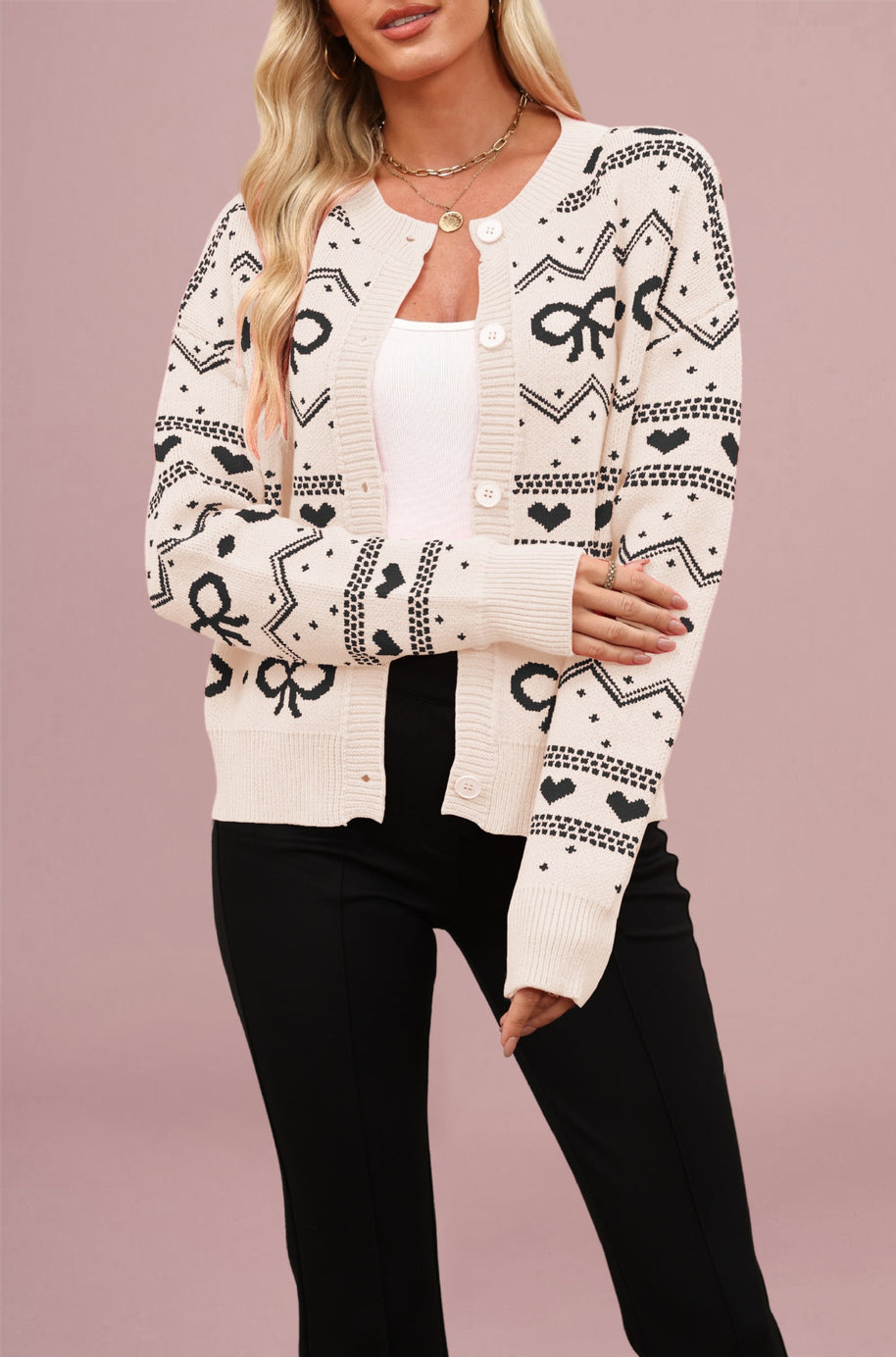 Damen Strickjacke mit verspieltem Herz- und Schleifenmuster WW
