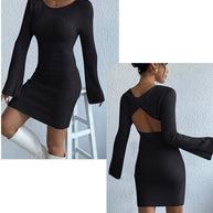 WW | Langärmliges Trompetenärmel Offener Rücken Strickkleid
