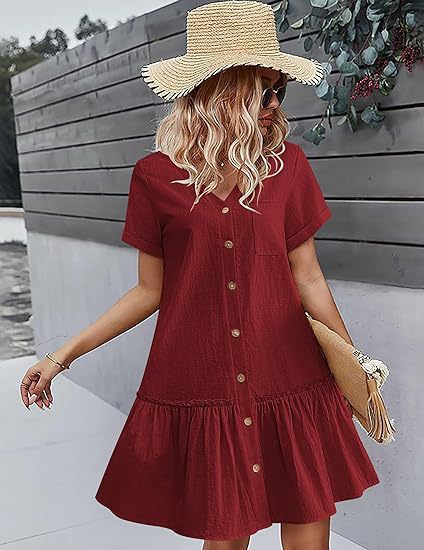 Damen Freizeit Knopfverschluss Mini Kleid WW