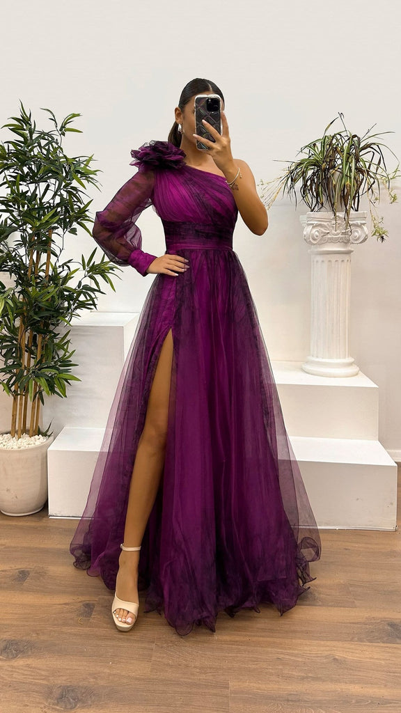 WW | Frühling Herbst Schräg Schulter Mesh Blumenmuster Kleid Lässig Locker Festlich Kleid