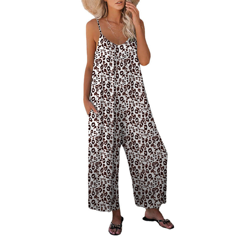 WW | Leopard-Print-Tasche Lockerer Träger Einteiler Overall