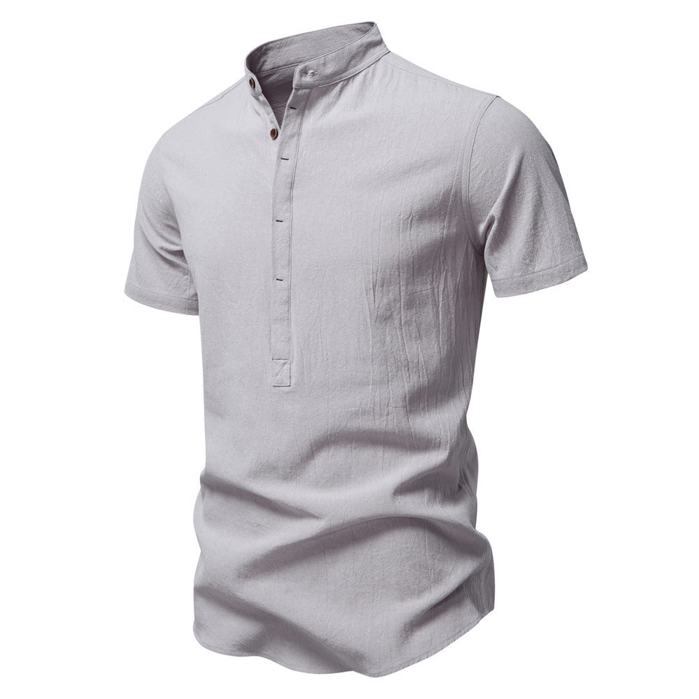 Herren nan lässiges Kurzarmshirt mit Stehkragen, halber Knopfleiste und leicht strukturierter Baumwoll-Leinen-Qualität W&W Mode