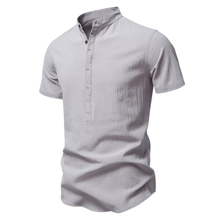 Herren nan lässiges Kurzarmshirt mit Stehkragen, halber Knopfleiste und leicht strukturierter Baumwoll-Leinen-Qualität W&W Mode