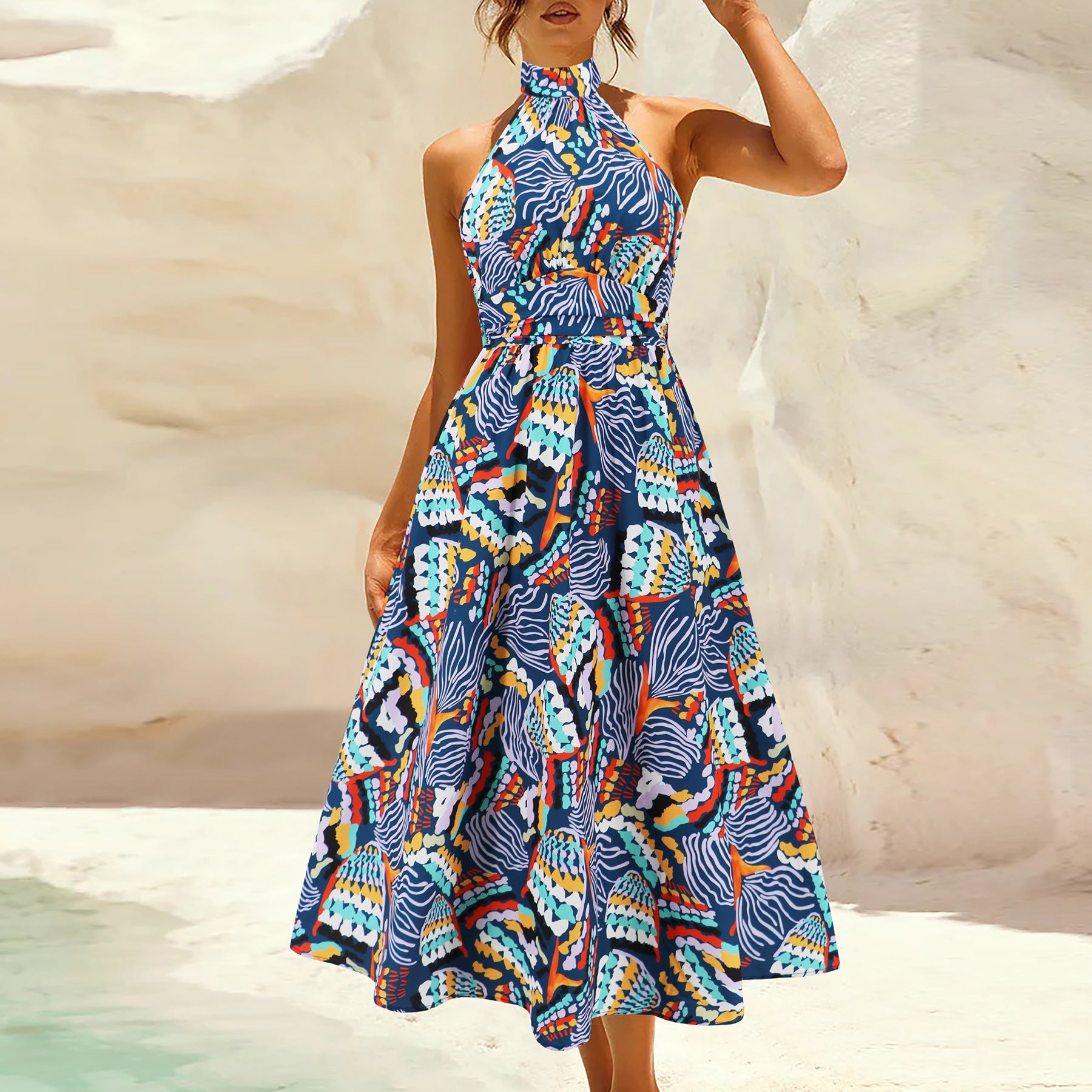 Damen Maxikleid mit hochgeschlossenem Kragen und buntem Blätterdruck WW