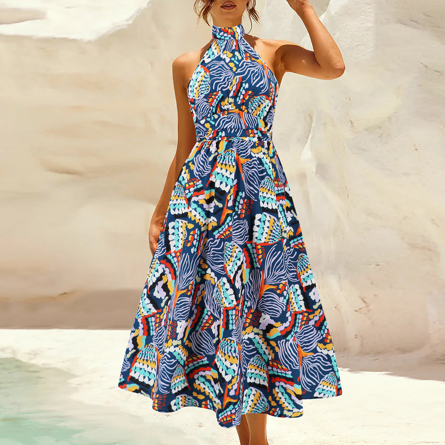 Damen Maxikleid mit hochgeschlossenem Kragen und buntem Blätterdruck WW