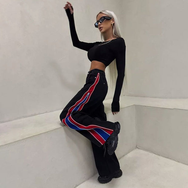 Damen Sportliches Crop-Top mit langen Ärmeln und farbigen Seitenstreifen WW