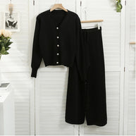 Damen raffinierter Zweiteiler aus Strick mit V-Ausschnitt und dekorativen Knöpfen WW