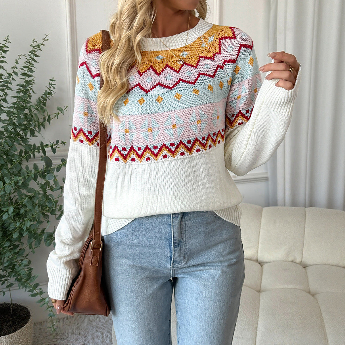 Damen Strickpullover mit traditionellem Muster und überschnittenen Schultern WW