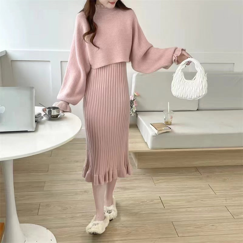 Damen Strickkleid mit hochgeschlossenem Kragen und Rippstruktur WW