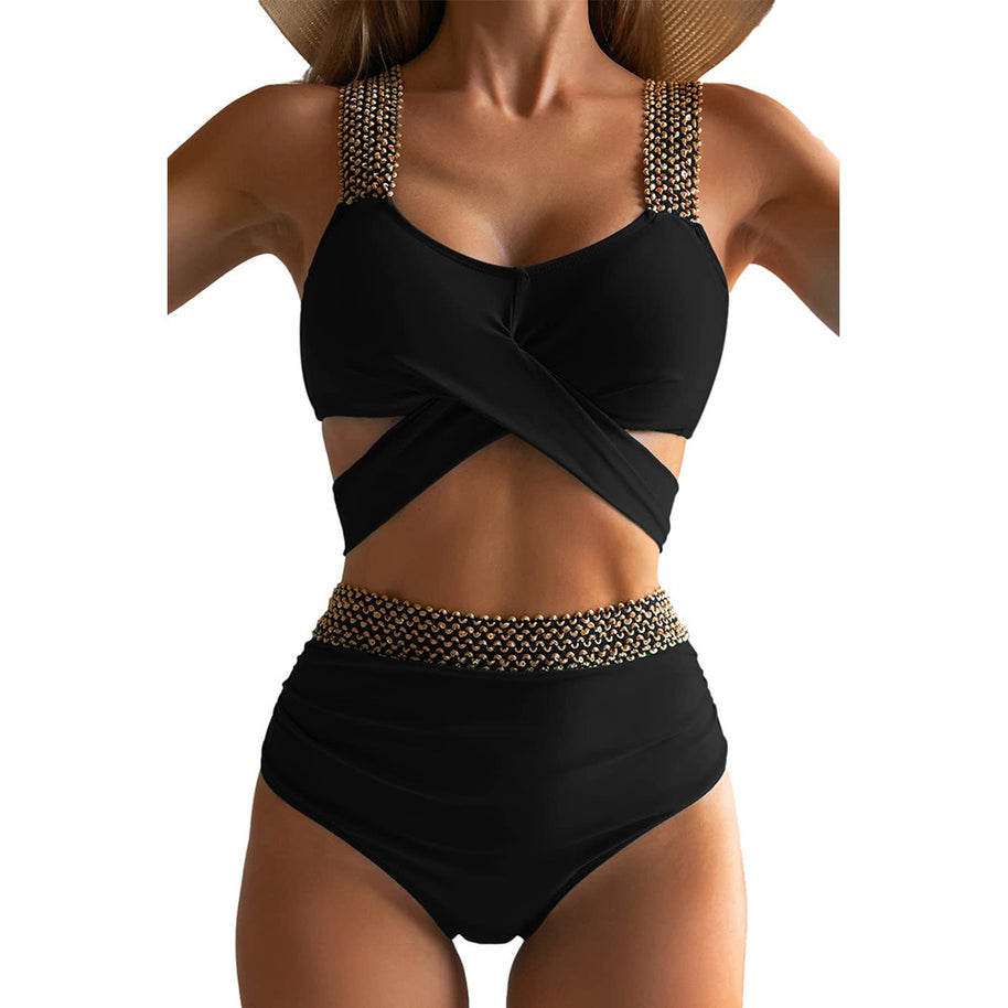 Damen Hochgeschnittener Bikini mit modischem Wickeloberteil und glamourösen Akzenten WW