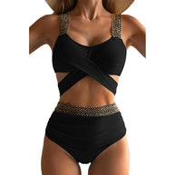 Damen Hochgeschnittener Bikini mit modischem Wickeloberteil und glamourösen Akzenten WW