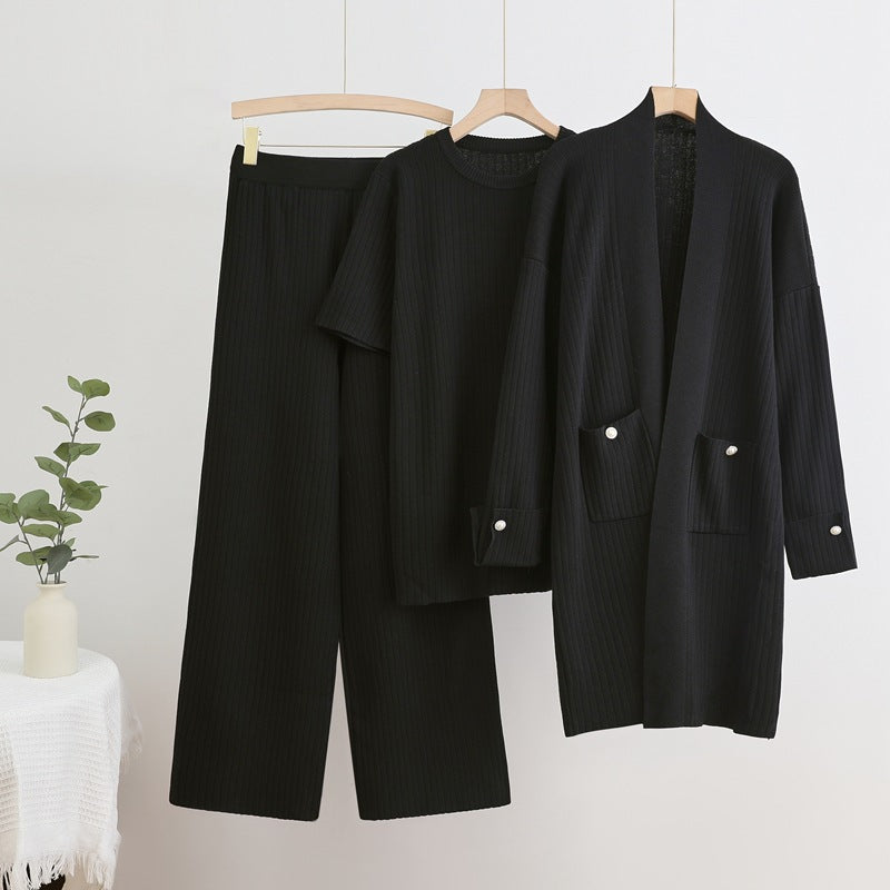 Damen Strick-Loungewear Set mit langen Ärmeln und praktischen Taschen WW